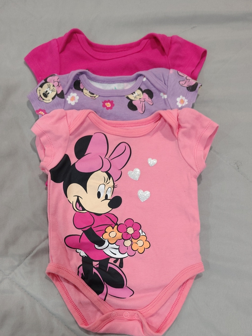 Disney Minnie Mouse Pink Purple and Hot Pink Baby Bodysuit Set